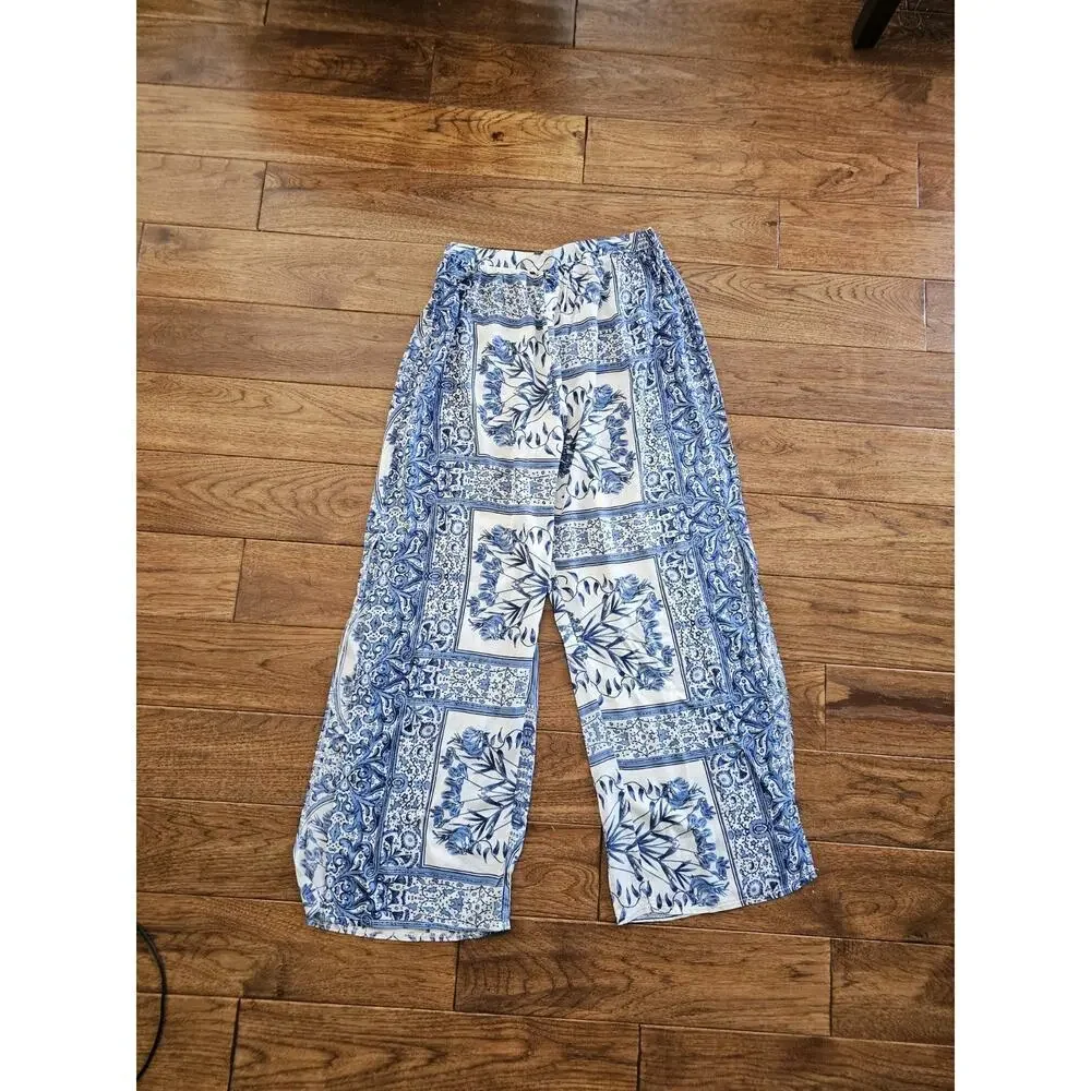 JAASE Wide Leg Pants Women’s Size L Long Side Slits Blue Floral Boho NWT Travel - Picture 2 of 11